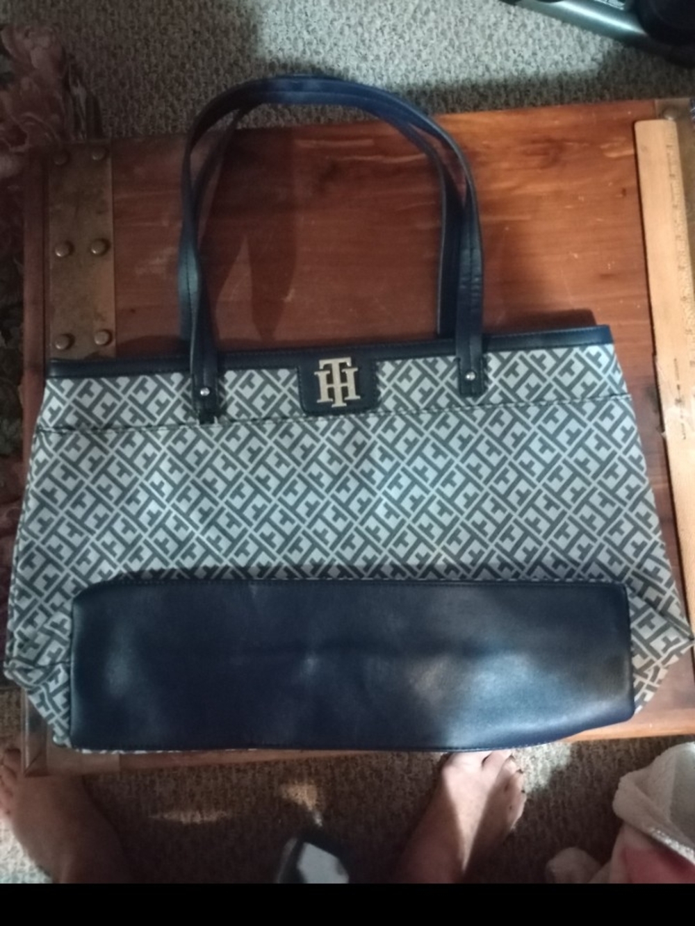 Tommy Hilfiger Navy and Cream Monogram Tote with Gold Logo